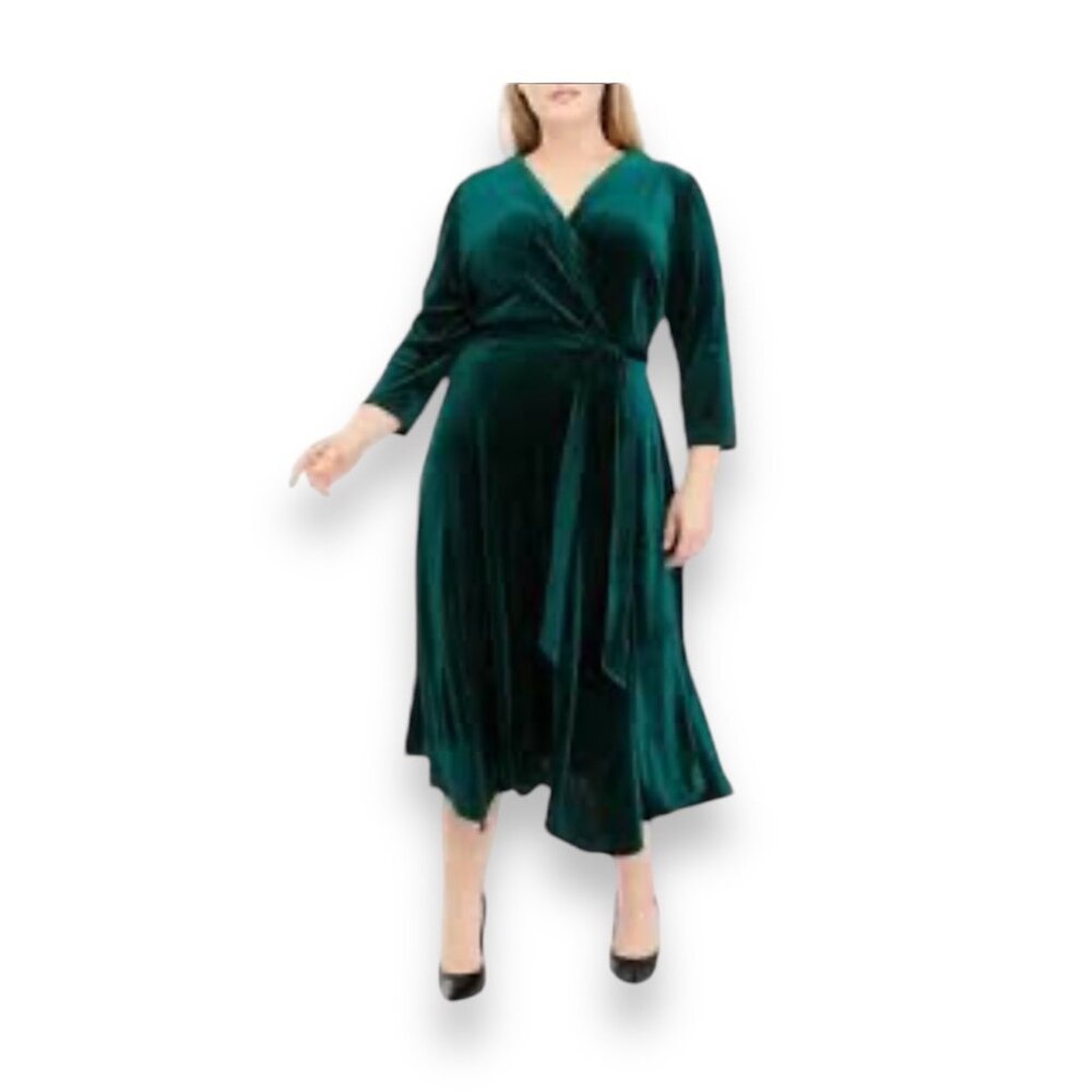 Maison Tara Women’s Dress Velvet Pleated Wrap Midi Hunter Green Plus Size 24W